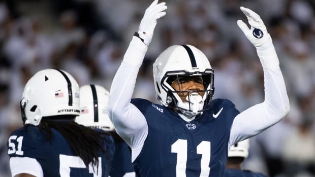 Penn State linebacker Abdul Carter celebrates during the Nittany Lions' game against Iowa at Beaver Stadium.